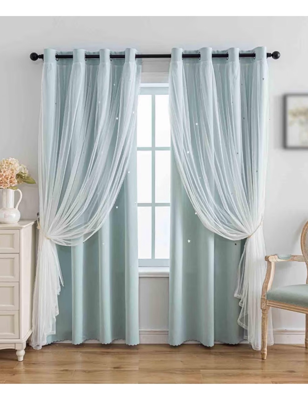 L. Blue Sheer Layered Window Curtains- blackout w stars & lace- 52W x63L inch- 6